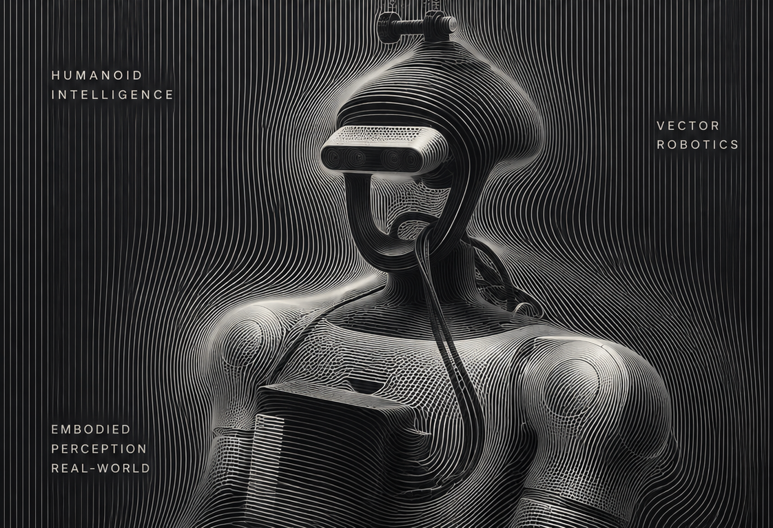 A humanoid robot rendered in fine warm-gray contour lines on a charcoal background, with the words Humanoid Intelligence, Vector Robotics, and Embodied Perception Real-World.